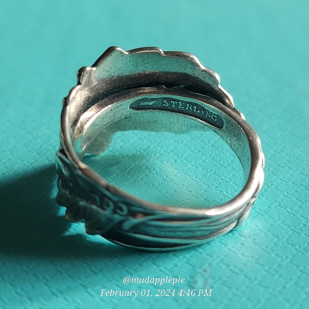 Sterling Silver Spoon Ring Columbine Flower Adjustable Flower Statement Piece 96 - Picture 10 of 10